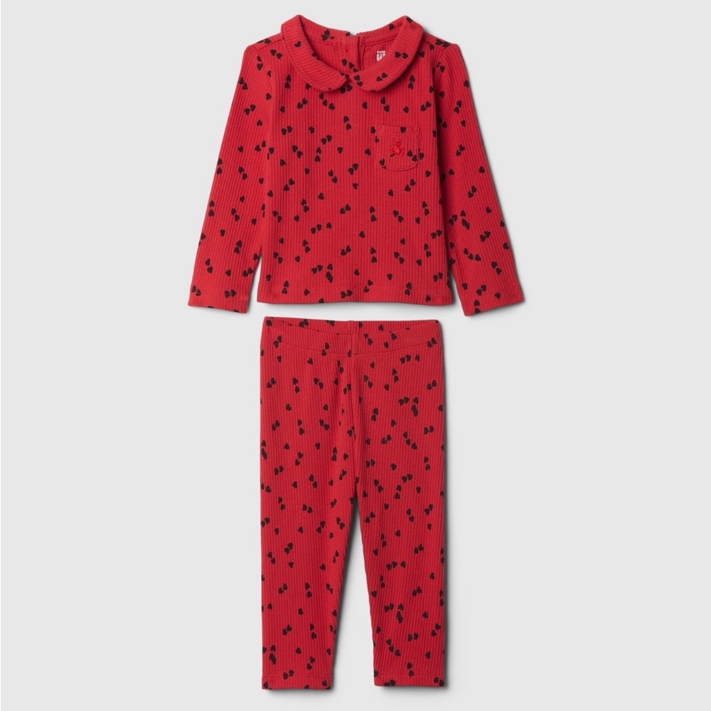 NWT BABY Gap Girls Red w/ Blue Hearts Set. Peter Pan Collar, Pull-on Pants 3-6M